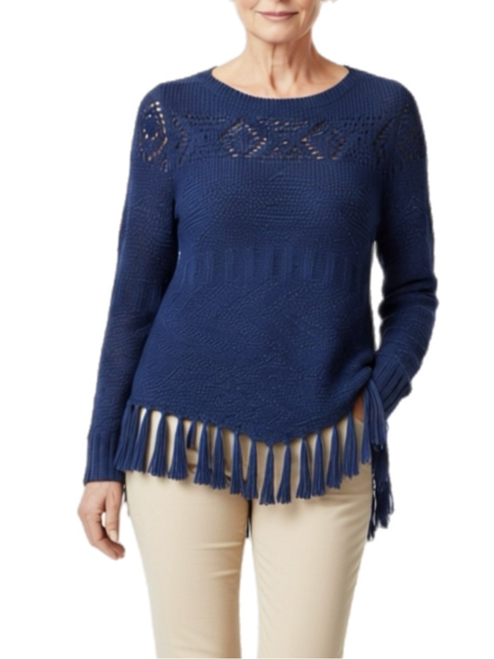 Ruby Rd. | Navy Blue Fringe Knit Sweater Tassel Finge hemline